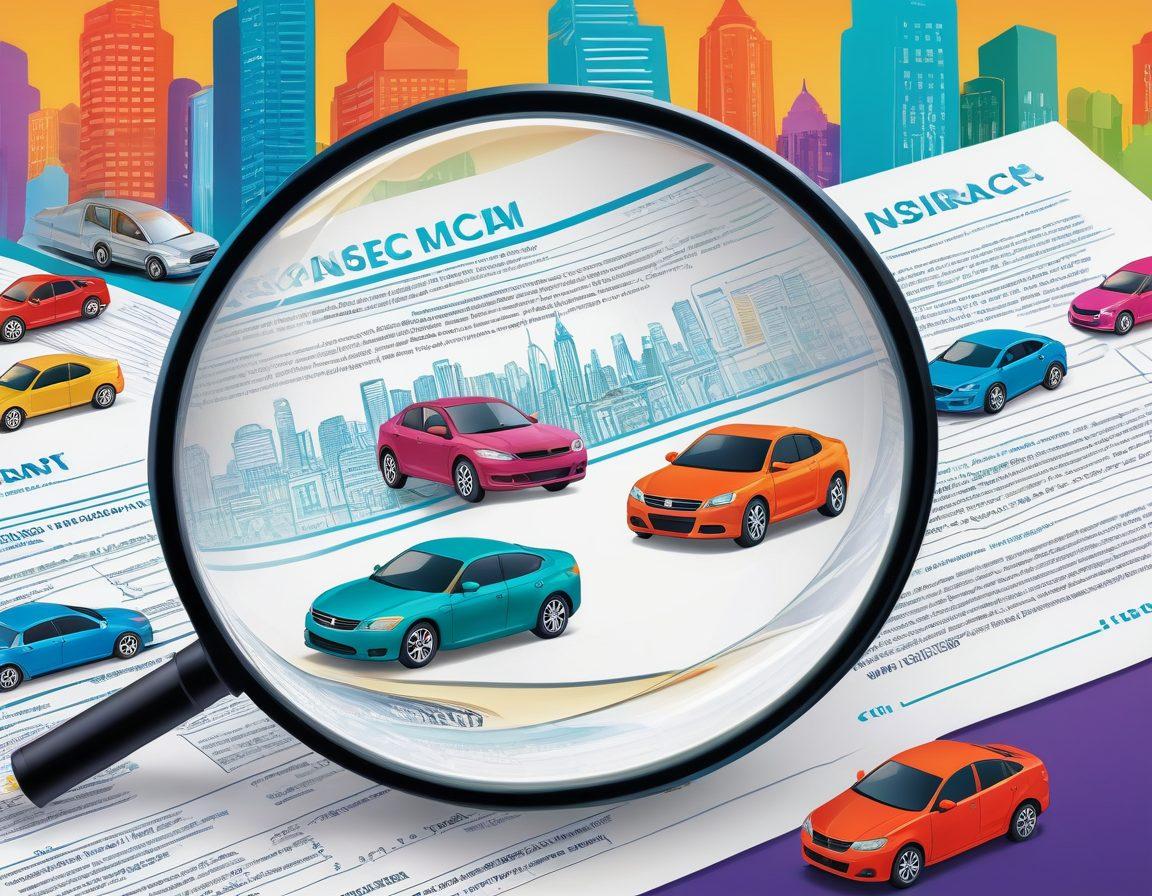 A bustling city skyline background with a transparent overlay of various car insurance documents, showing diverse car brands, and happy, diverse car owners holding them. In the central focal point, a magnifying glass highlighting a great insurance deal. Vibrant colors. vector art.