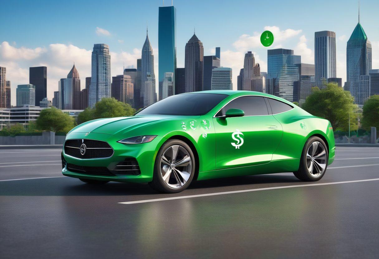A stylish, modern car entwined in a lush, green dollar sign symbolizing savings; the background shows a cityscape with insurance buildings, each displaying symbols of security and protection. The scene should evoke a sense of financial relief and smart choices. 3D. vibrant colors. crisp details.