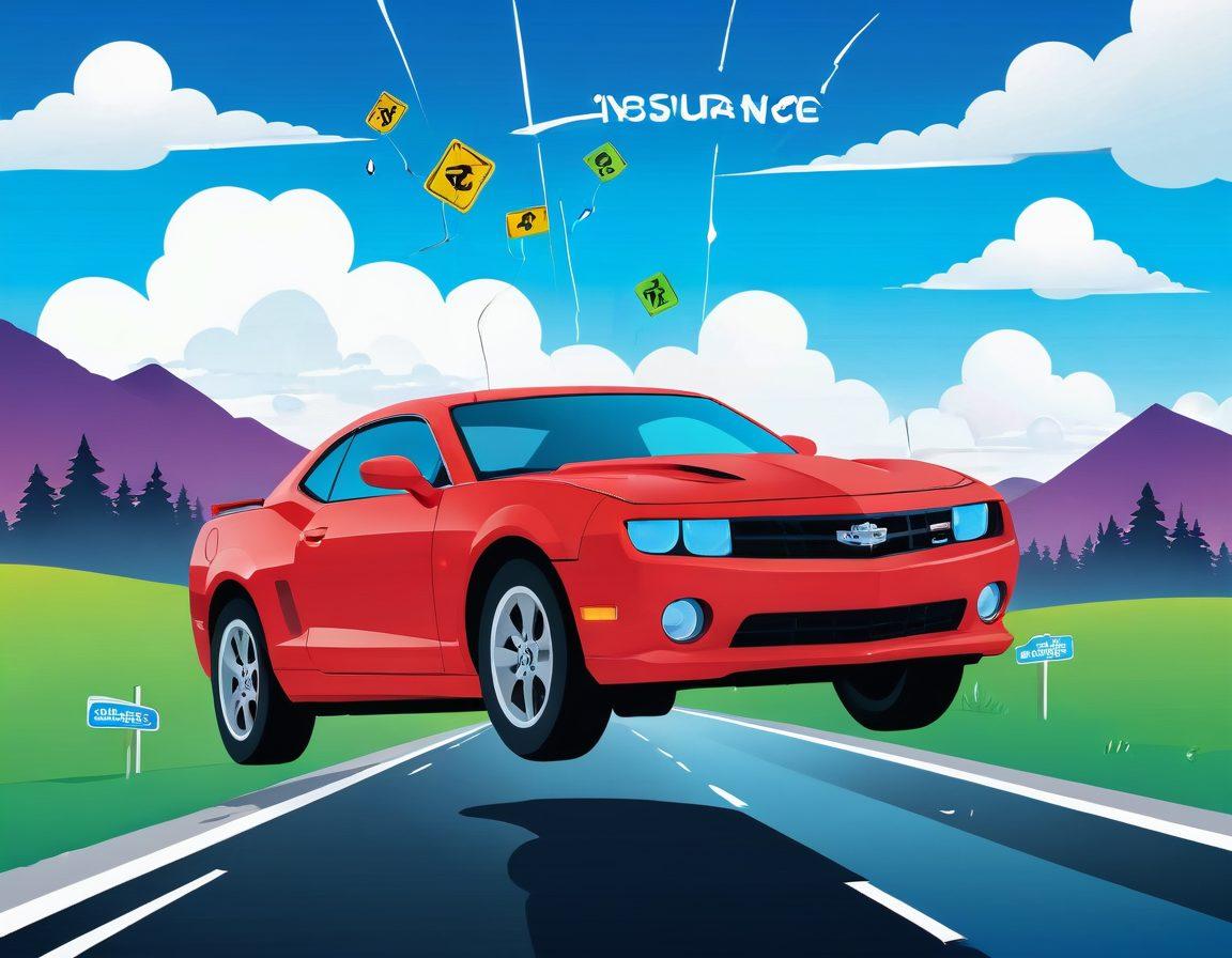 A sleek, modern car with a tag showing 'Affordable Insurance' hanging from the rearview mirror, driving through a scenic route. The background includes dollar signs and insurance symbols floating in the sky. Vibrant colors, vector art, white background with minimalistic design.